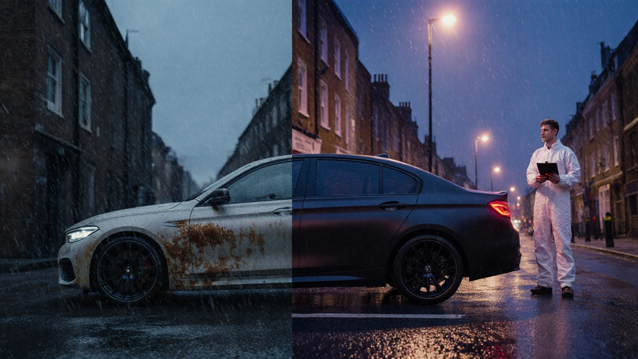 Before-and‑after view of a car with rust and a matte vinyl wrap on a rainy street.