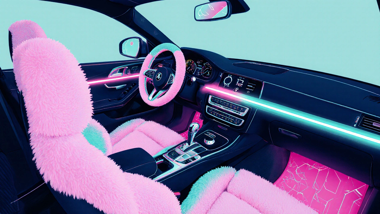 Car cabin with pastel seat covers, silicone steering wheel cover, LED lighting, and gear knob.