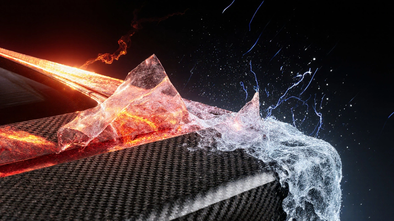 Carbon fiber spoiler cracking under extreme heat and cold stress.