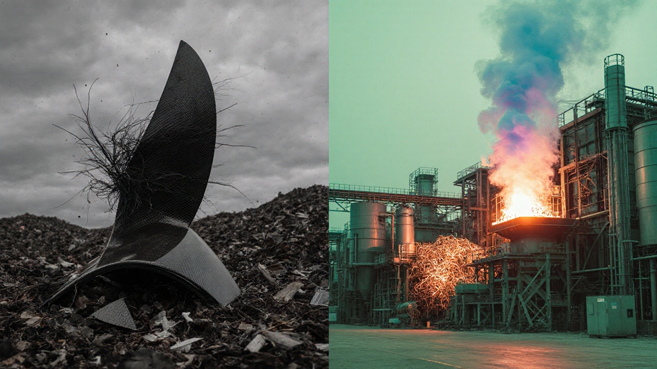 Carbon‑fiber spoiler in landfill contrasted with recycling furnace processing fibers.
