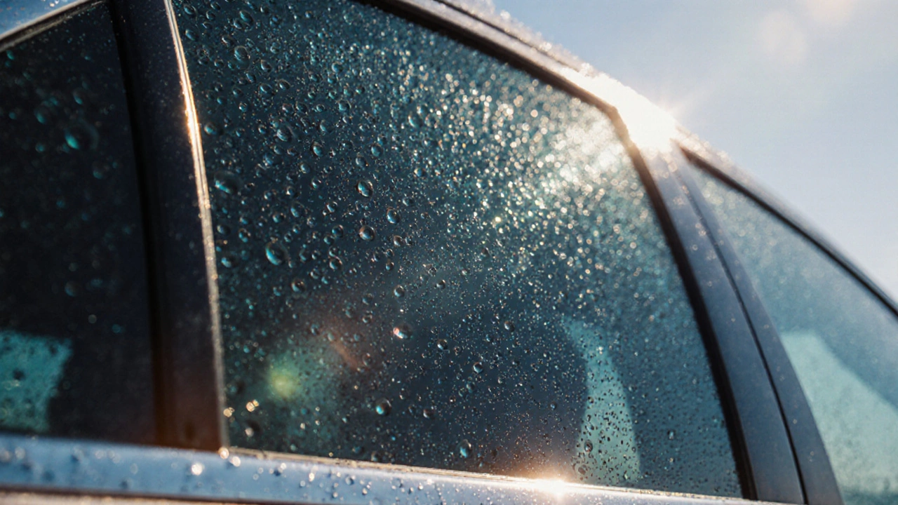 Close‑up of beading water droplets on a tinted window after applying a hydrophobic coating under bright sunlight.