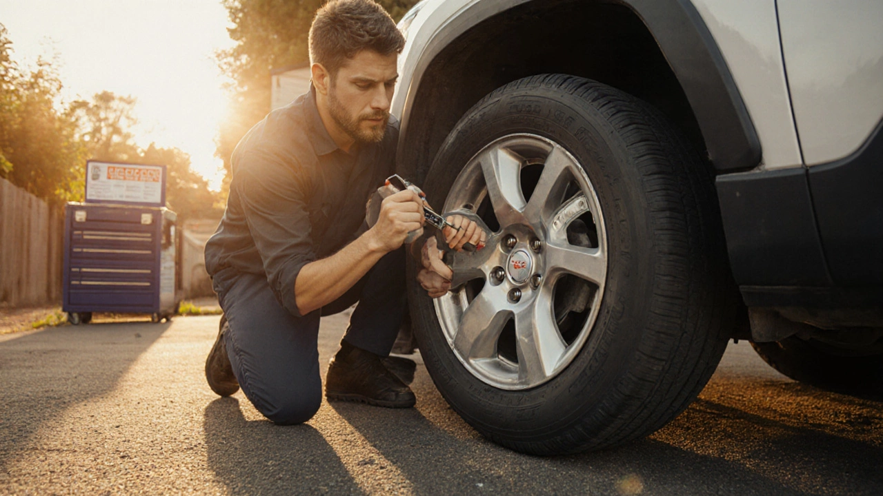 Driver checks tire tread after spacer install; left wheel even, right wheel worn.