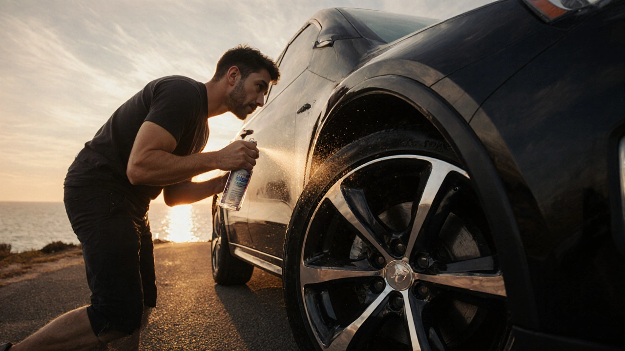 Driver cleaning and applying sealant to alloy wheels beside a coastal road at sunset.