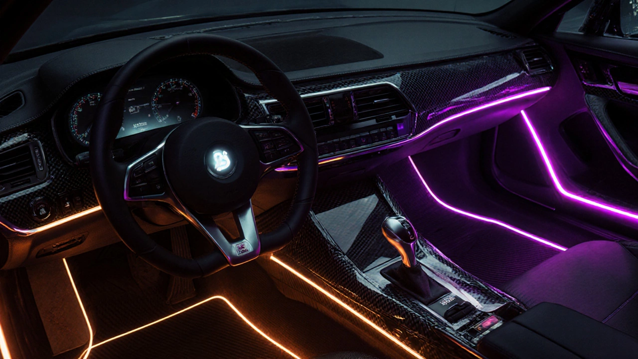 Futuristic car cabin illuminated by colorful ambient LED strips and carbon‑fiber trim.
