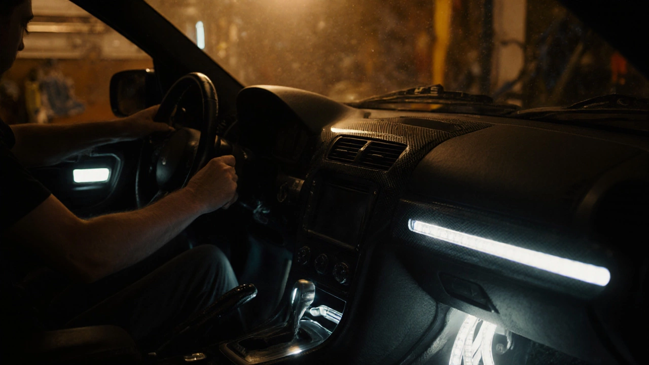 Hand installing carbon fiber trim and LED strips on a dashboard in a garage.