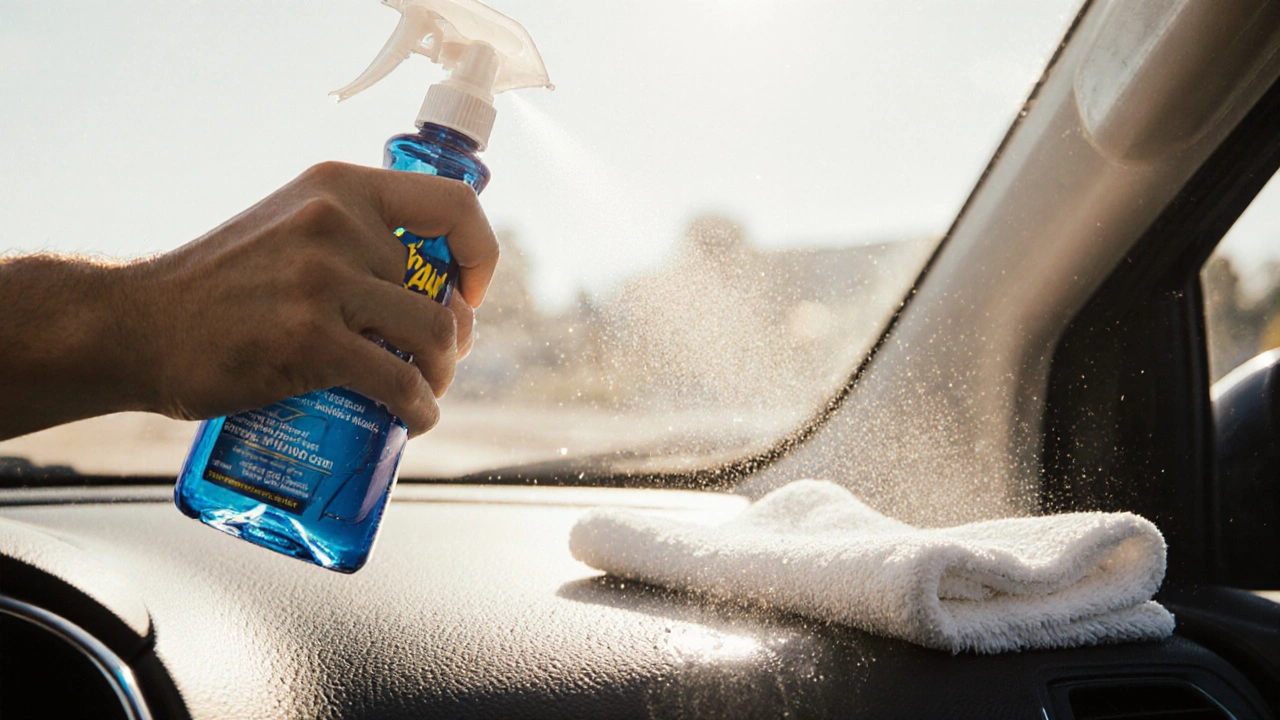 Hand spraying Armor All on dashboard and wiping with microfiber cloth in sunlight.