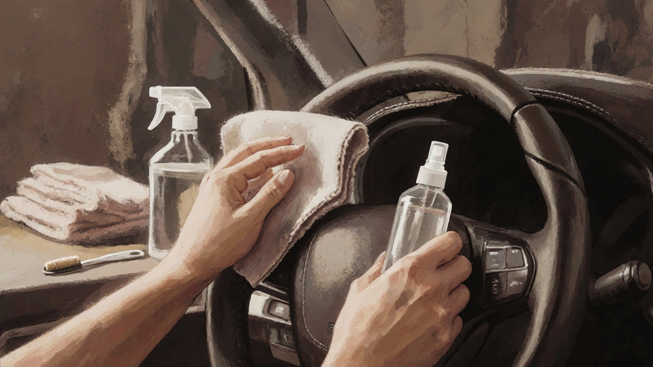 Hands applying leather conditioner to a steering wheel with cleaning tools on a workbench.