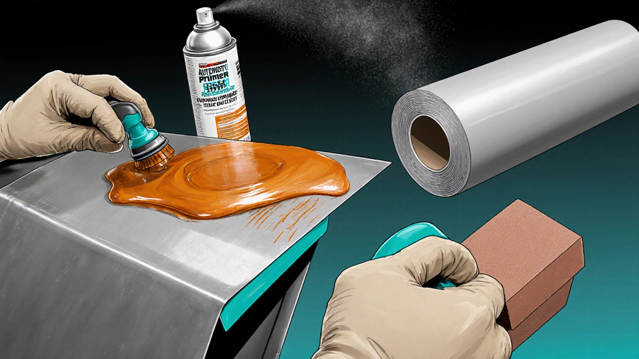 Hands applying rust converter, primer, sanding, and vinyl film in a workshop.