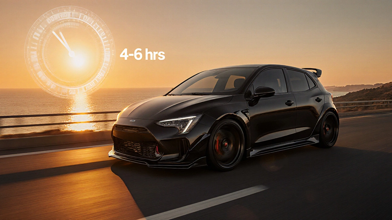 Hatchback with a new aggressive body kit driving at sunset, showing a faint time overlay.