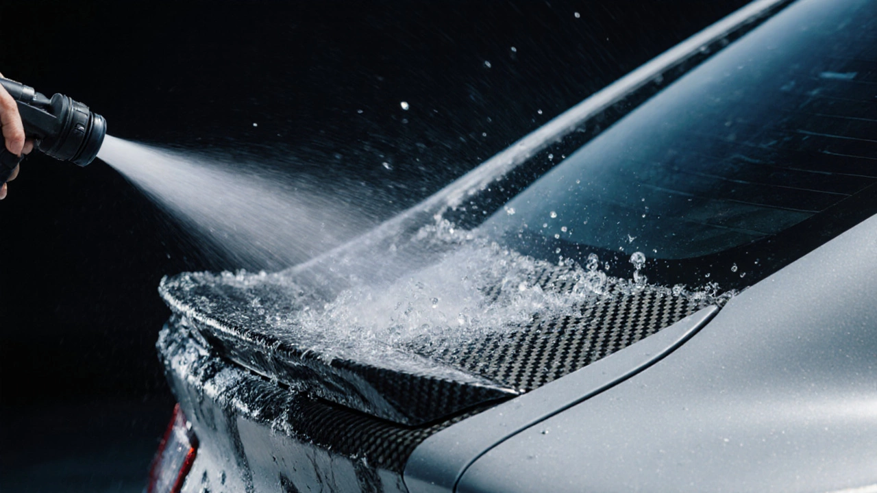 High-pressure water jet causing clear coat to flake off a carbon fiber spoiler.