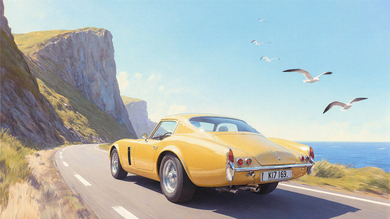 Illustrated kit car driving on a coastal road under a pastel sky.