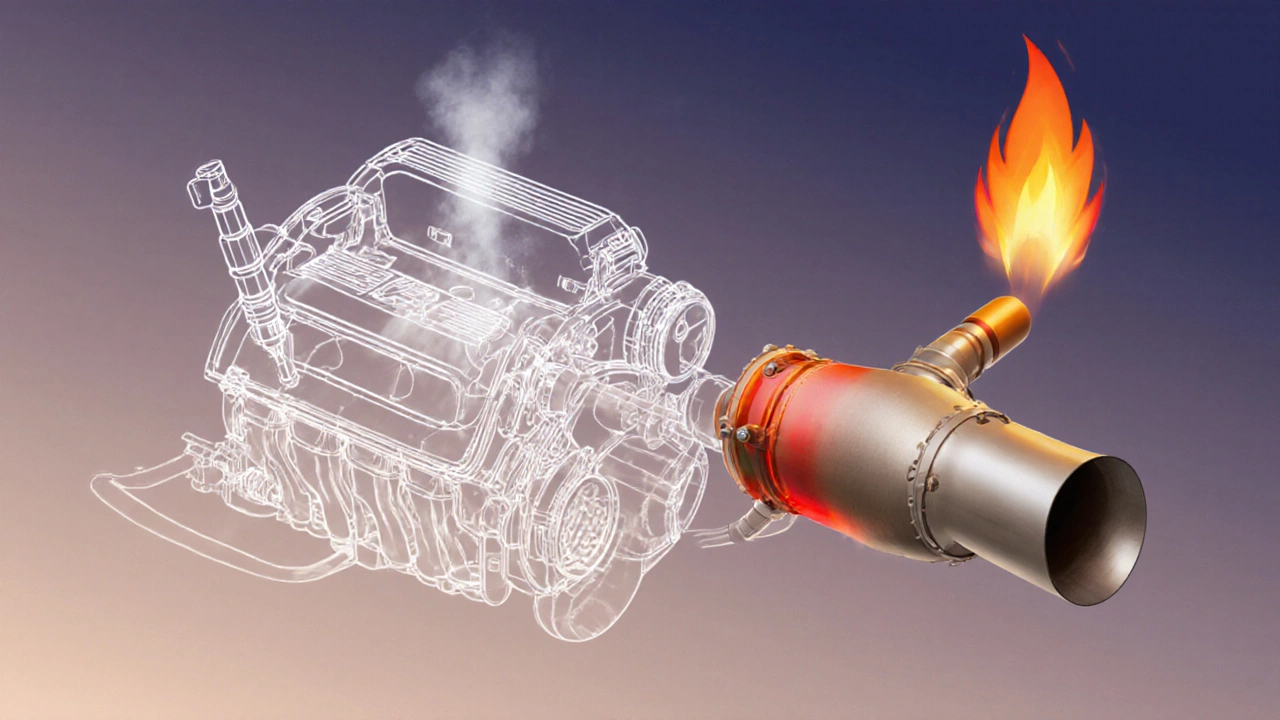 Isometric cutaway of an exhaust system showing injectors, sensor, converter and a flame.
