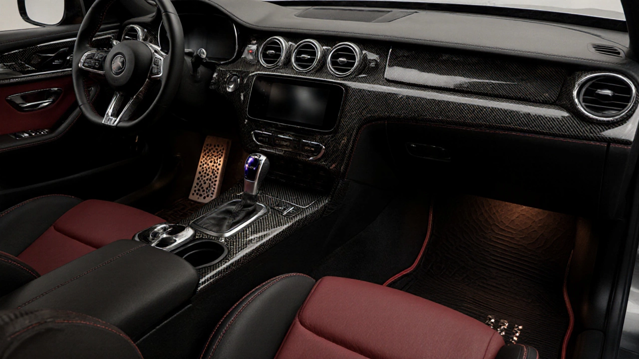 Luxurious personalized car interior with carbon‑fiber dashboard, custom shift knob, and LED lighting.