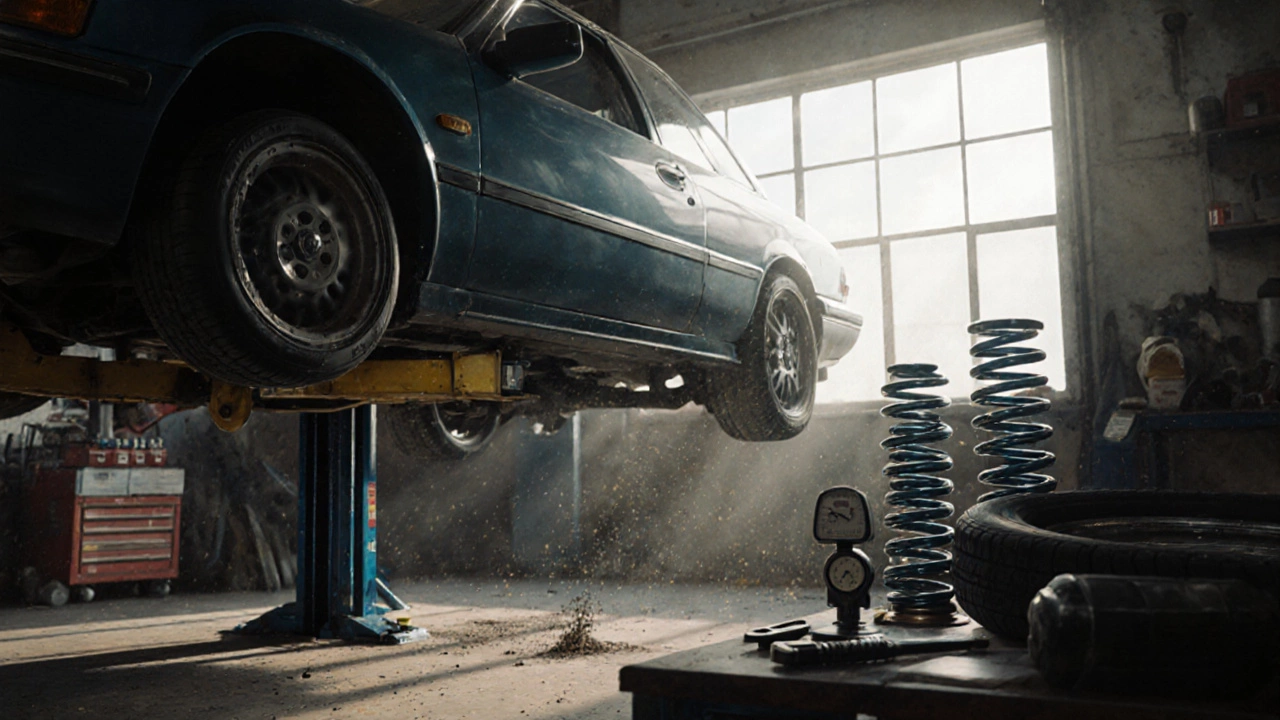Mechanic aligning a lowered car on a jack with tools and springs visible in the workshop.