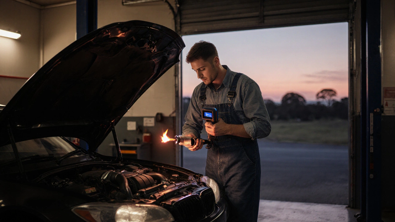 Mechanic checking a car with a flame‑suppressor tip, only a small ember visible.