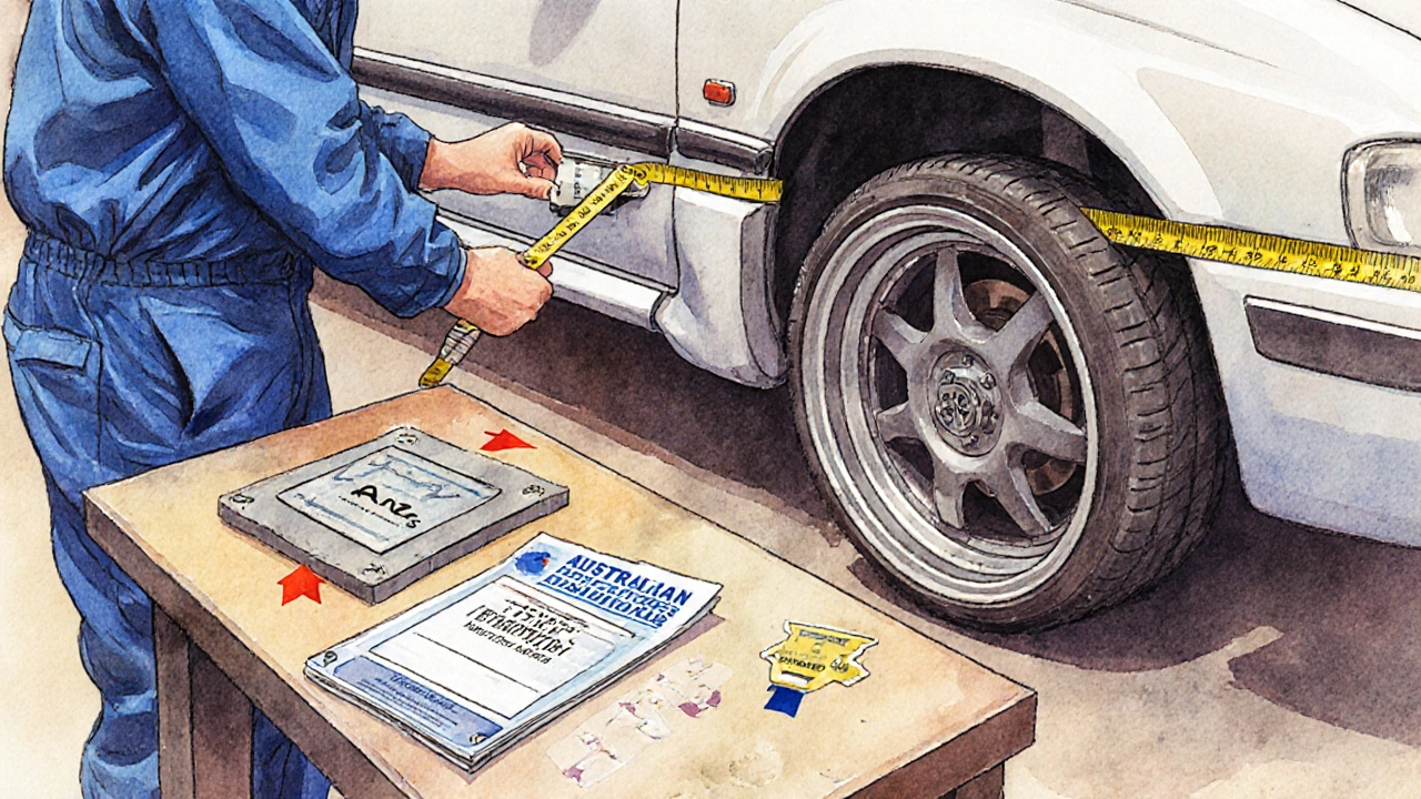Mechanic measuring widened side skirts next to ADR compliance documents and VCA plate.