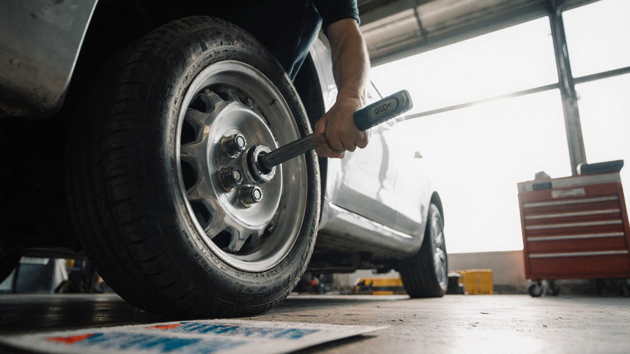 Mechanic tightening lug nuts on a wheel with spacers using a torque wrench.