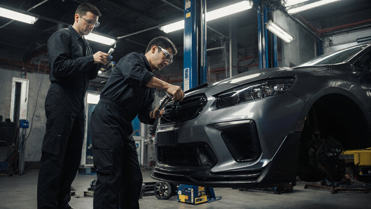 Mechanic under a lift installing a new bumper while checking alignment in a workshop.