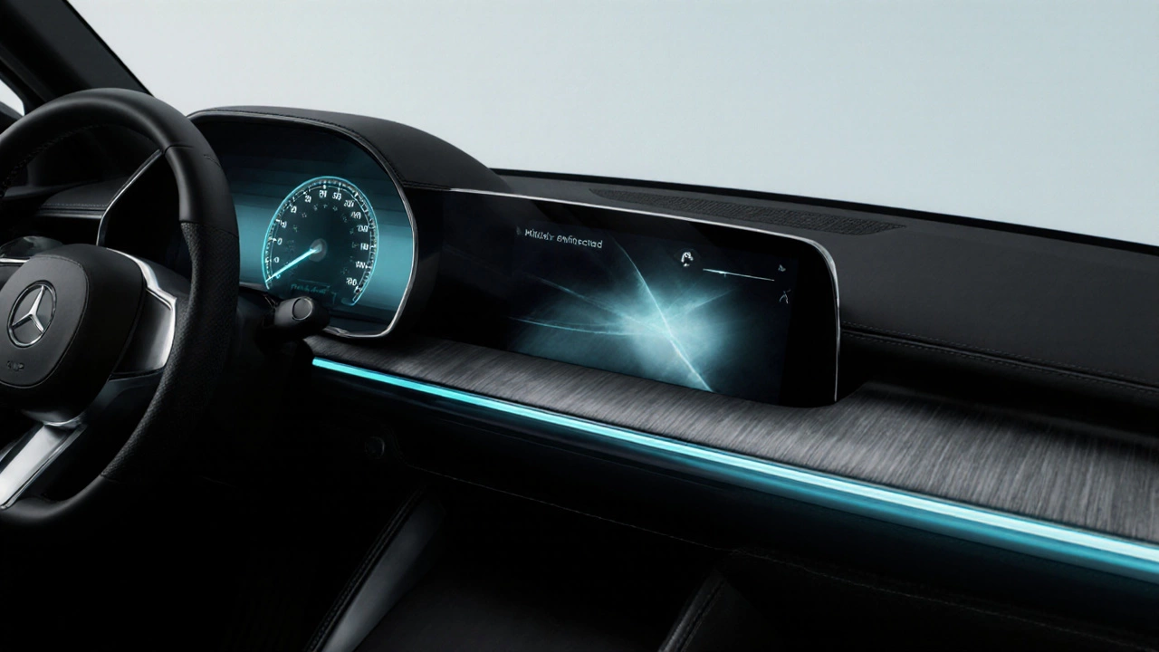 Modern minimalist dashboard with matte black, brushed aluminum, and blue ambient LED lighting.