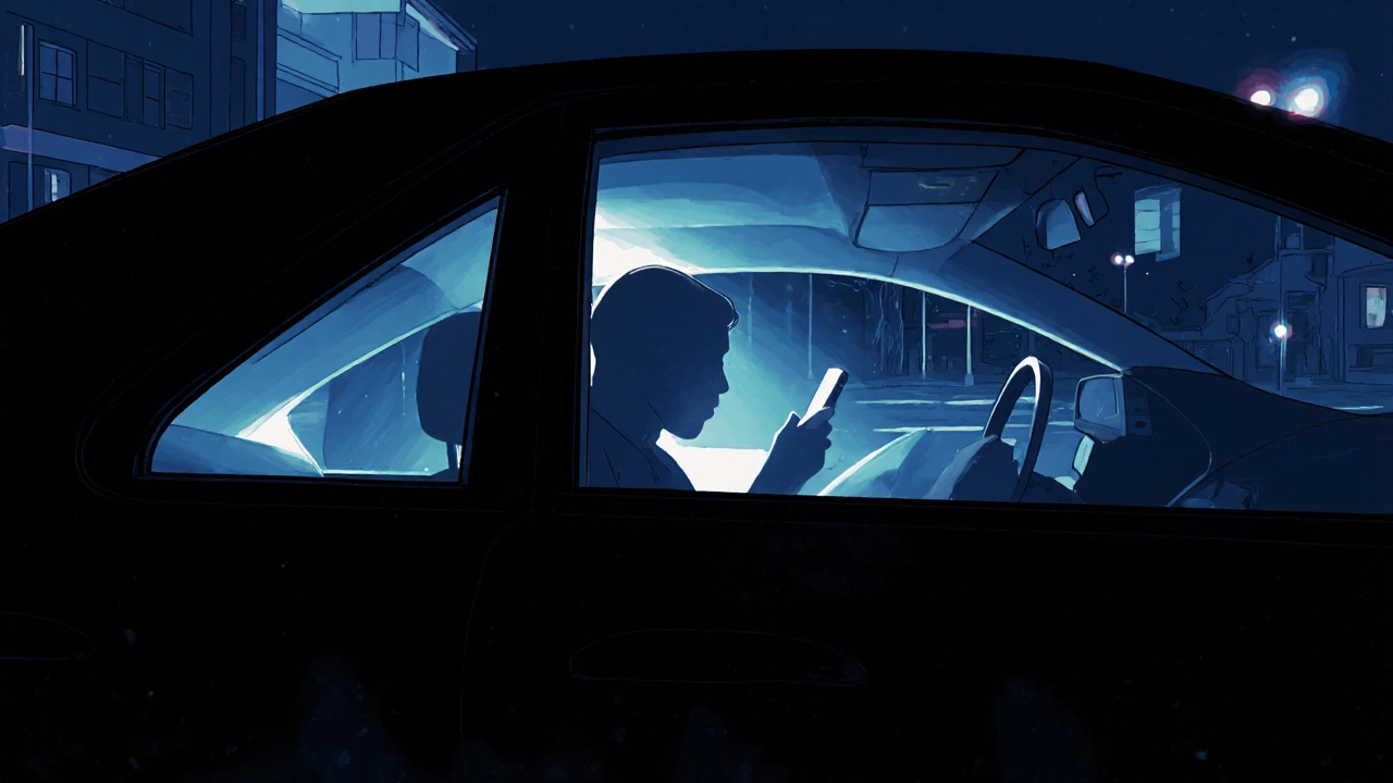 Nighttime car interior lit softly, visible as a silhouette through 35% tinted windows.