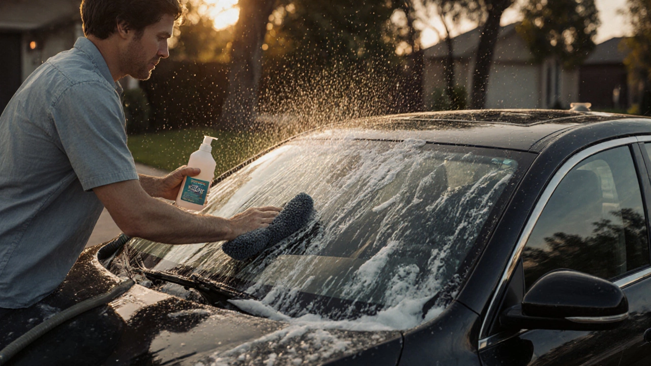 Person hand‑washing a freshly tinted car using a soft microfiber mitt and low‑pressure water.