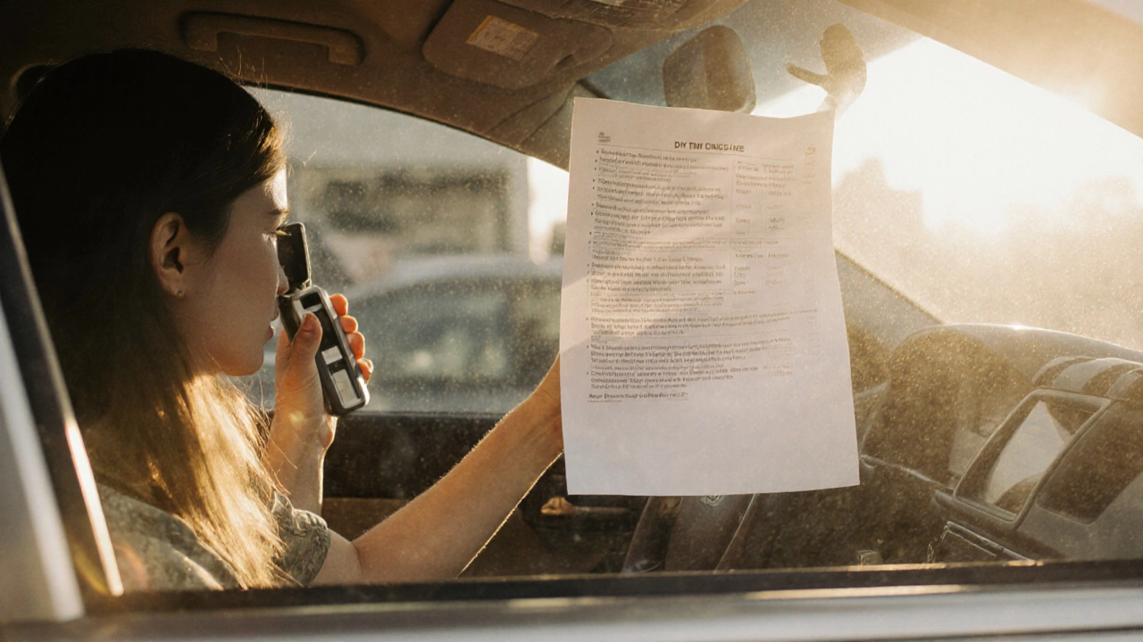 Person holding white paper against a car window for a DIY tint check on a sunny day.