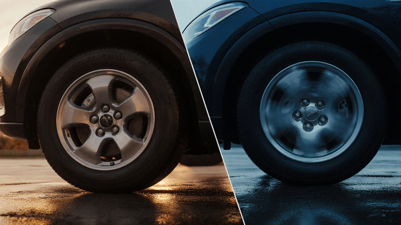 Side‑by‑side view of a hub‑centric spacer wheel and a slightly misaligned lug‑centric wheel.