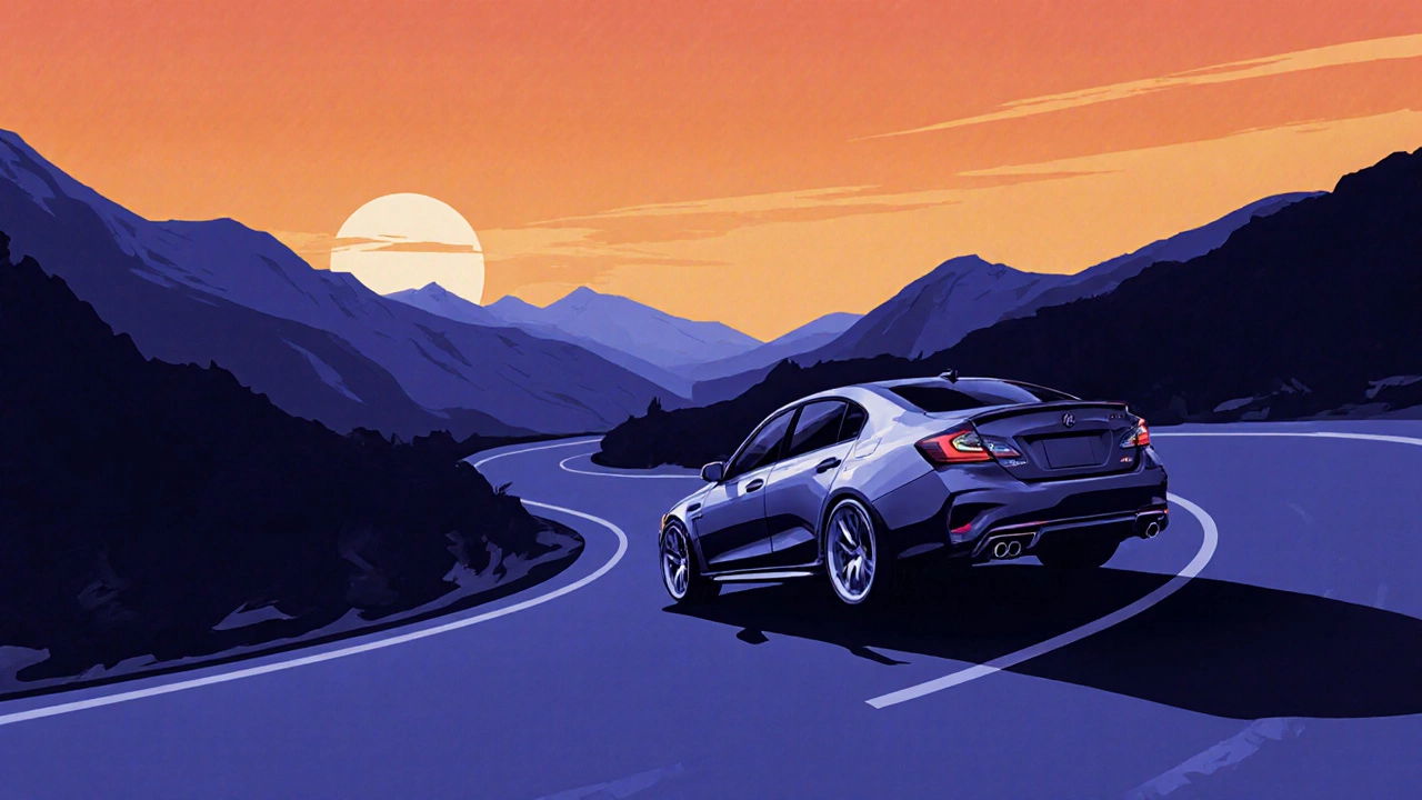 Side view of a sedan cornering with minimal body roll and visible negative camber at sunset.