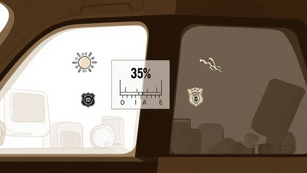 Split-image comparison of clear vs. 35% tinted window with icons representing heat, UV, and safety.