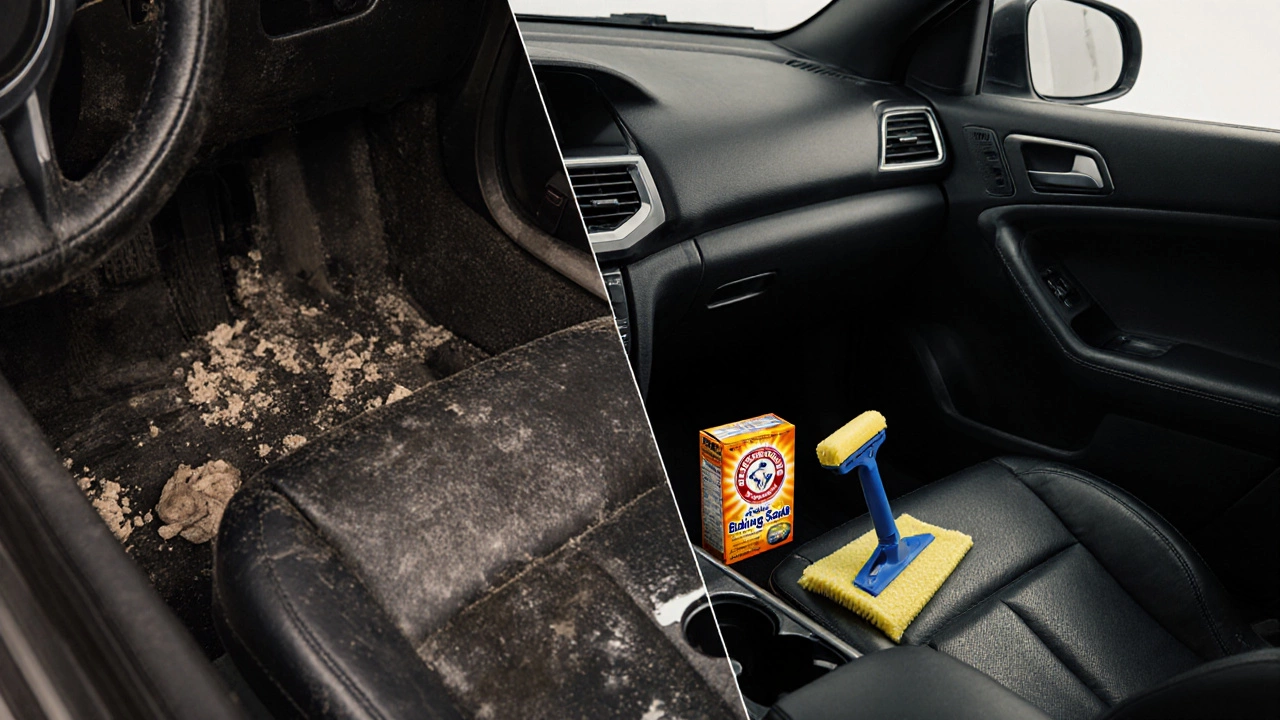 Split image showing a messy car interior versus a spotless, professionally detailed cabin.
