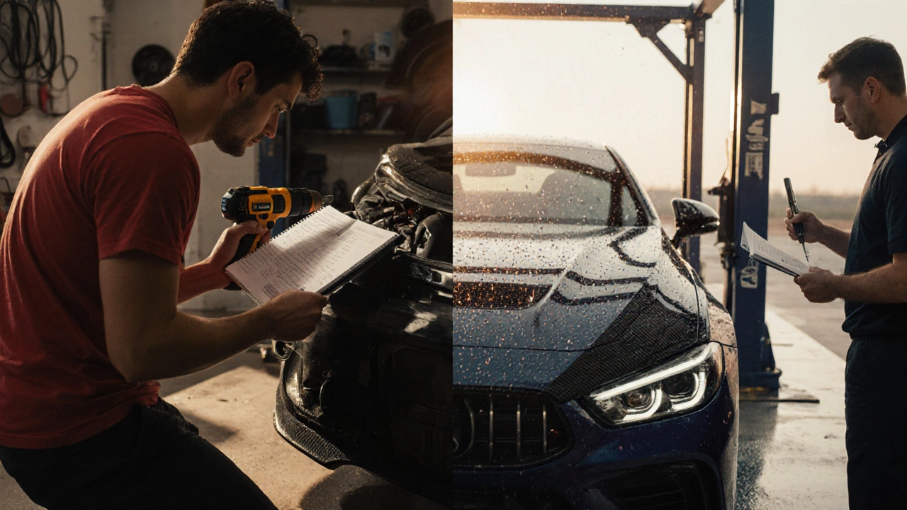 Split scene of DIY torque work and pro alignment rig, finished car with glossy kit under golden light.