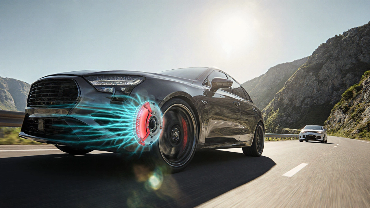 Sports car on a mountain road showing alloy wheels with airflow cooling, contrasted with hotter aluminum brakes.