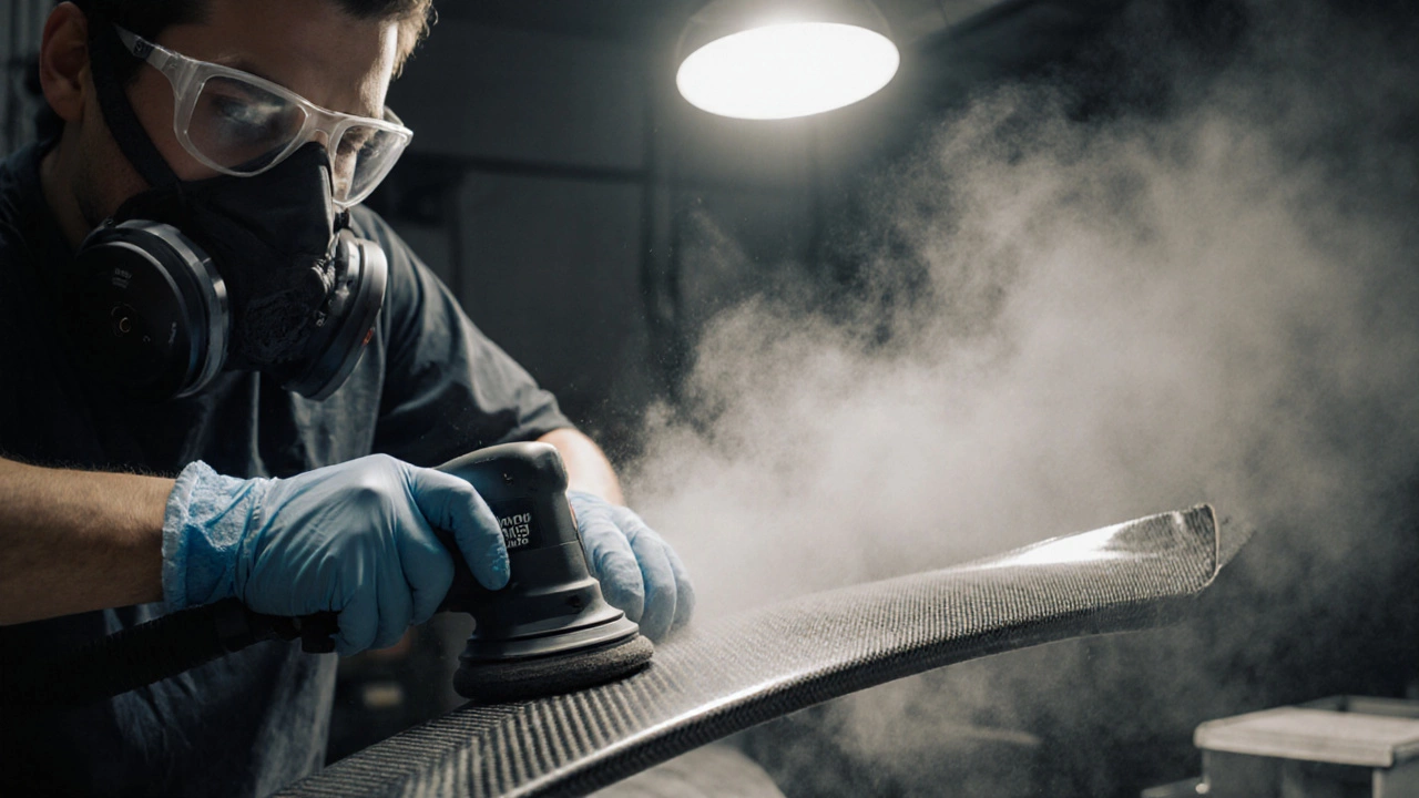 Technician in respirator sands a carbon‑fiber spoiler, dust clouds visible.