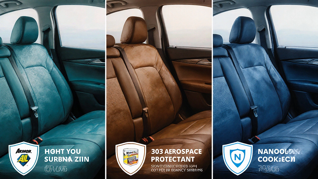 Three car interiors illustrating different protectants with UV shield icons.