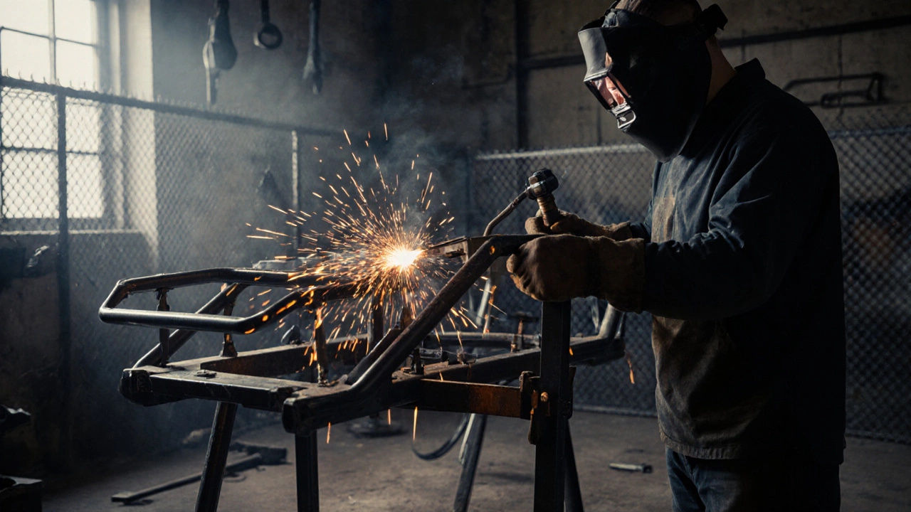 Welder sparks metal space-frame on a jig in a dimly lit workshop.