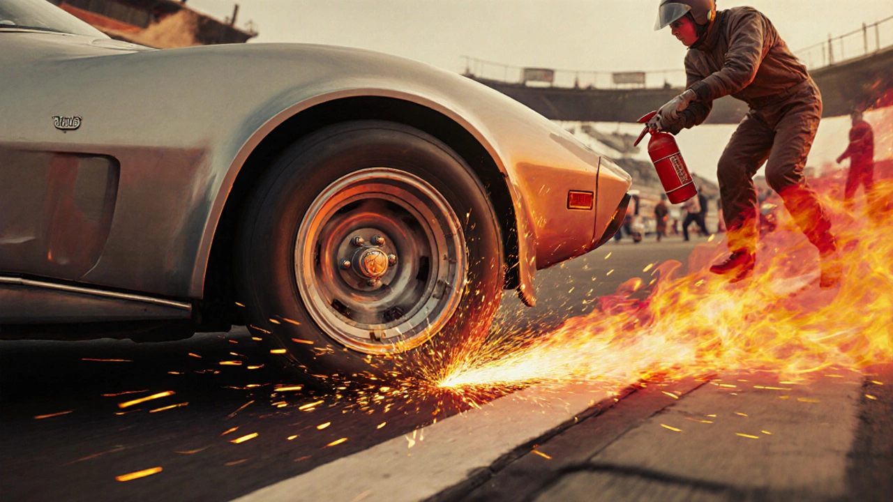 1970s race car with flaming magnesium wheel as mechanic uses fire extinguisher on track.