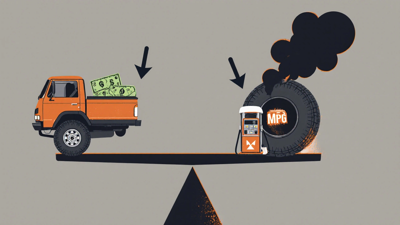 A scale balancing a lift kit and big tires against rising fuel costs and a gas pump.
