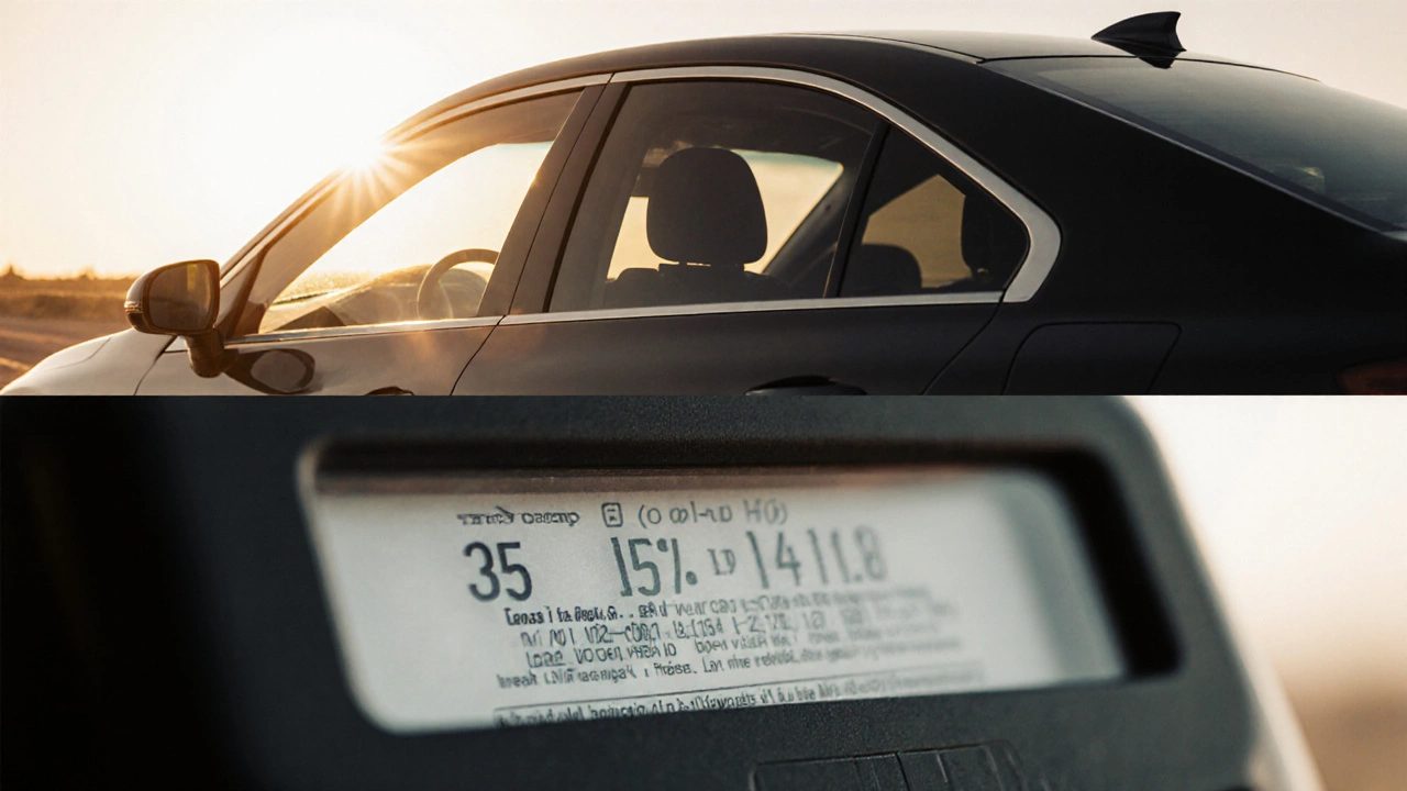 Car with 35% front and 20% rear tint, alongside a tint meter showing legal measurement.