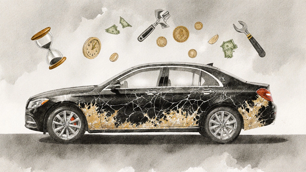 Car with hidden damage visible beneath a glossy surface, symbolizing the risks of over-detailing.