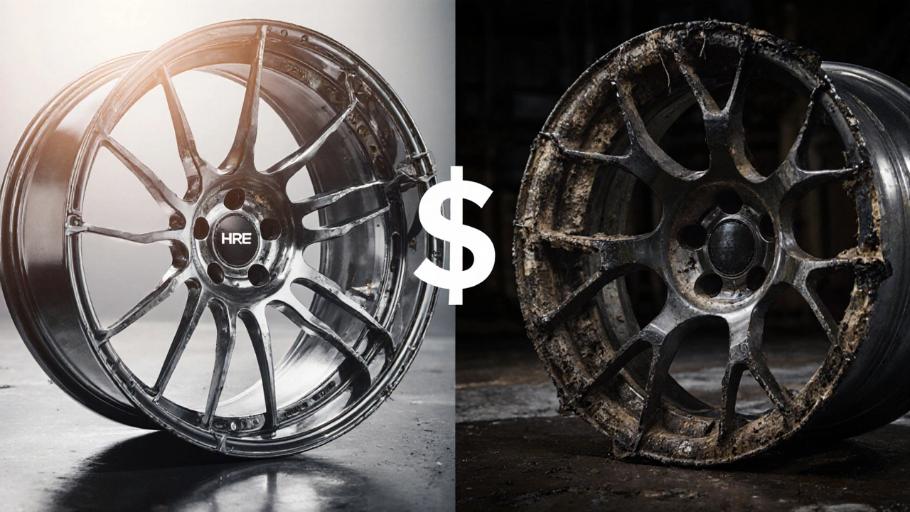 Contrasting pristine forged alloy wheel next to a damaged scrap wheel in industrial setting.