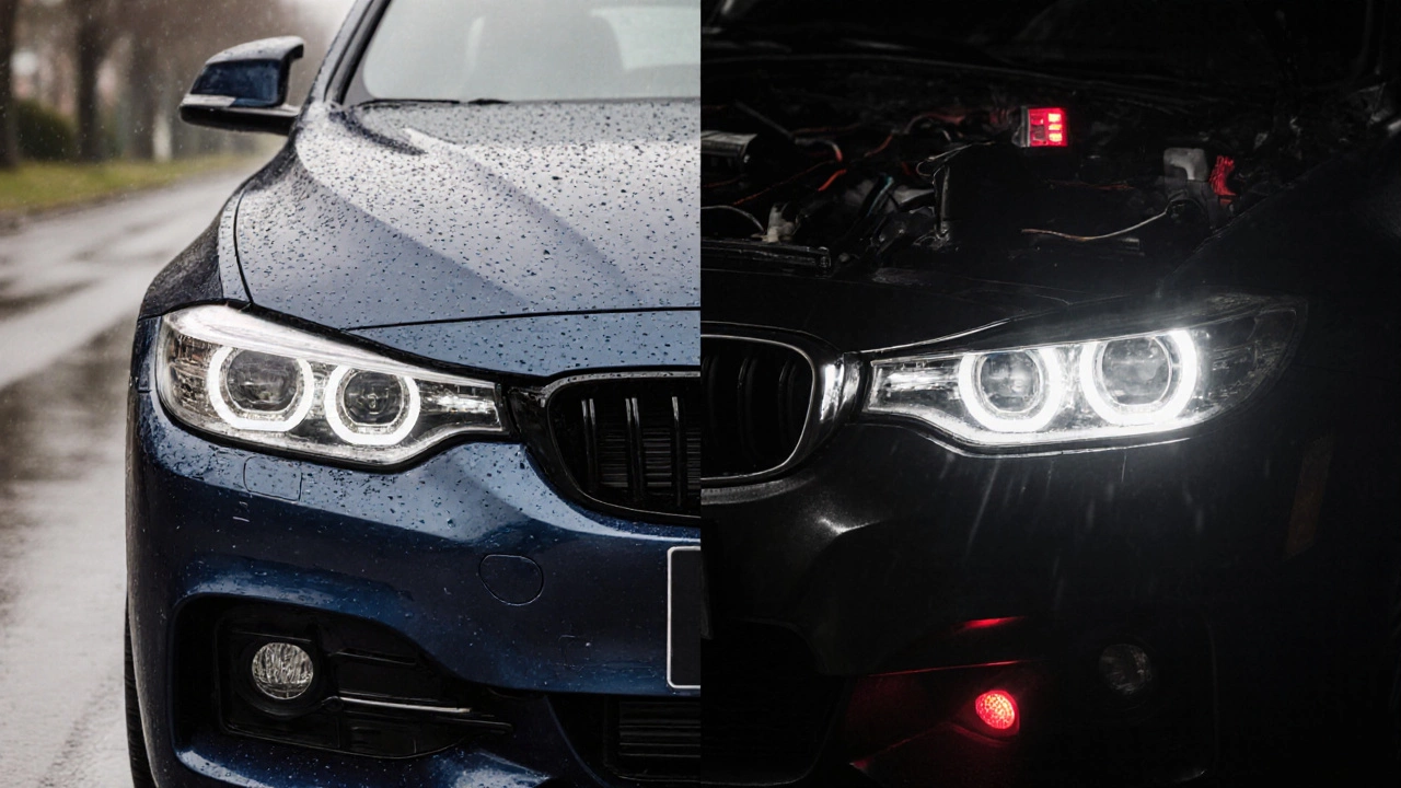 Factory LED headlight vs. aftermarket LED bulb in halogen housing, showing difference in beam and damage.