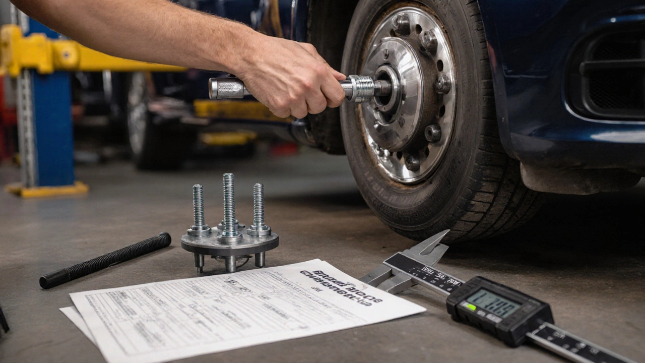 Mechanic using a torque wrench to install high-quality wheel spacers in a well-lit workshop.