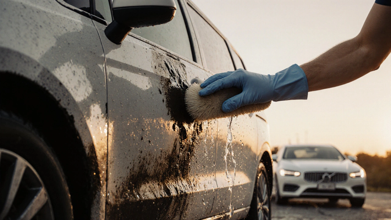 Minivan with dirty plastic trim being cleaned by hand while a clean white car sits beside it