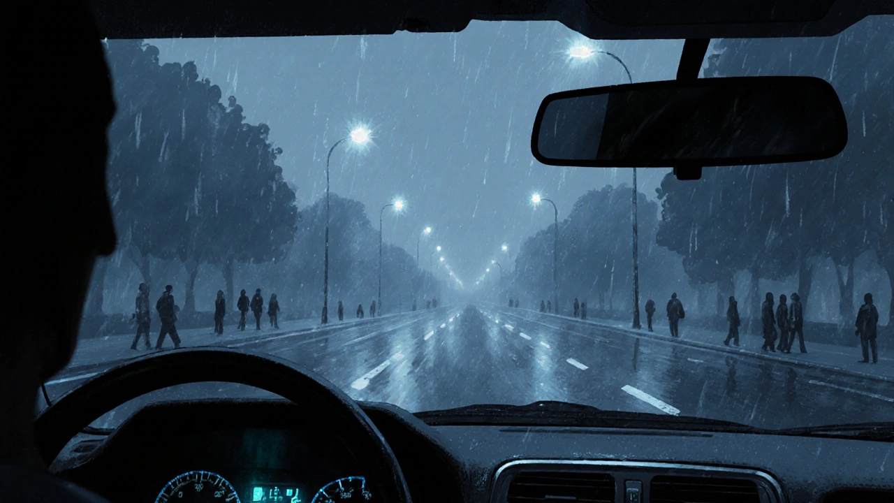 Nighttime driver&#039;s view through 20% tinted window with blurred streetlights and hazy road.