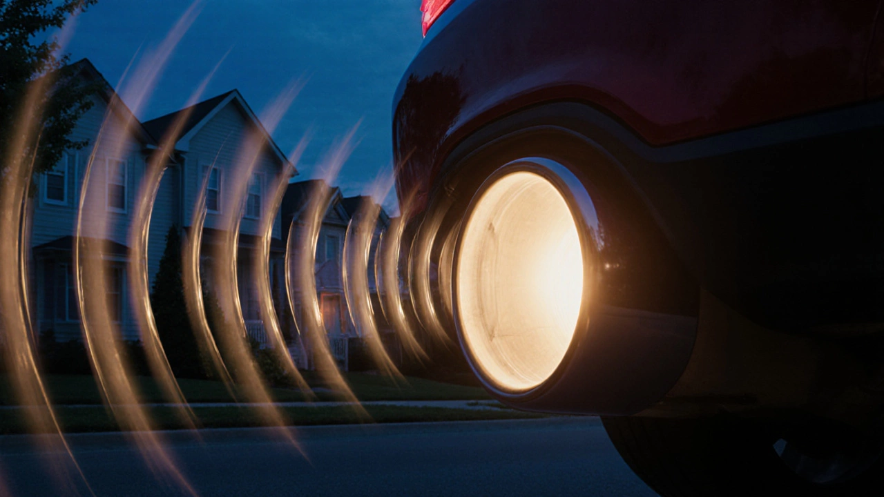 Nighttime view of a car exhaust with sound waves transforming from deep ripples to sharp spikes, fading into a quiet neighborhood.