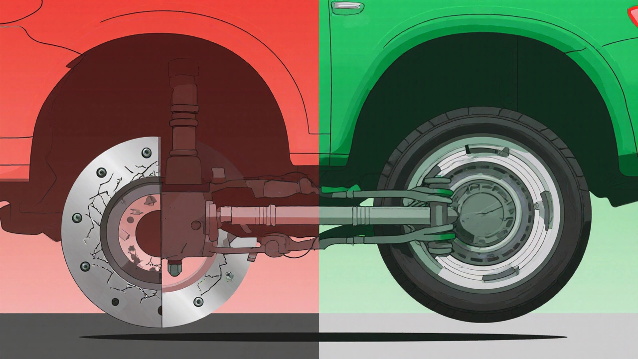 Split-image comparison: risky cheap spacer vs. safe premium spacer under highway stress.