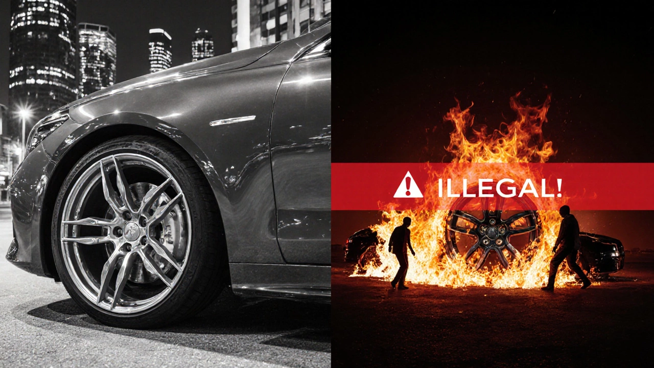 Split image: safe forged aluminum wheel vs. burning magnesium wheel, symbolizing legal vs. dangerous choices.