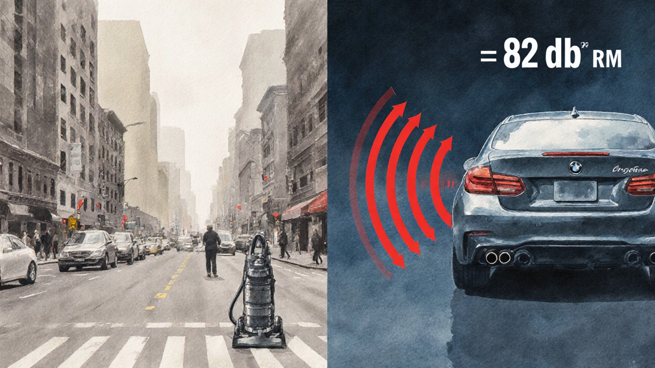 Split visual of a busy street and a revving car, both representing 82 dB of sound with rippling sound waves.
