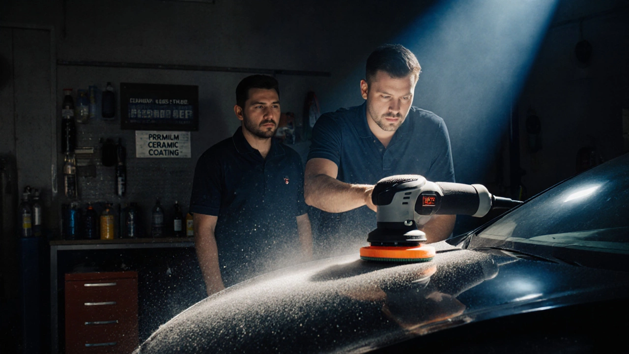 Technician polishing a black Tesla in a cluttered shop with dust floating in a light beam.