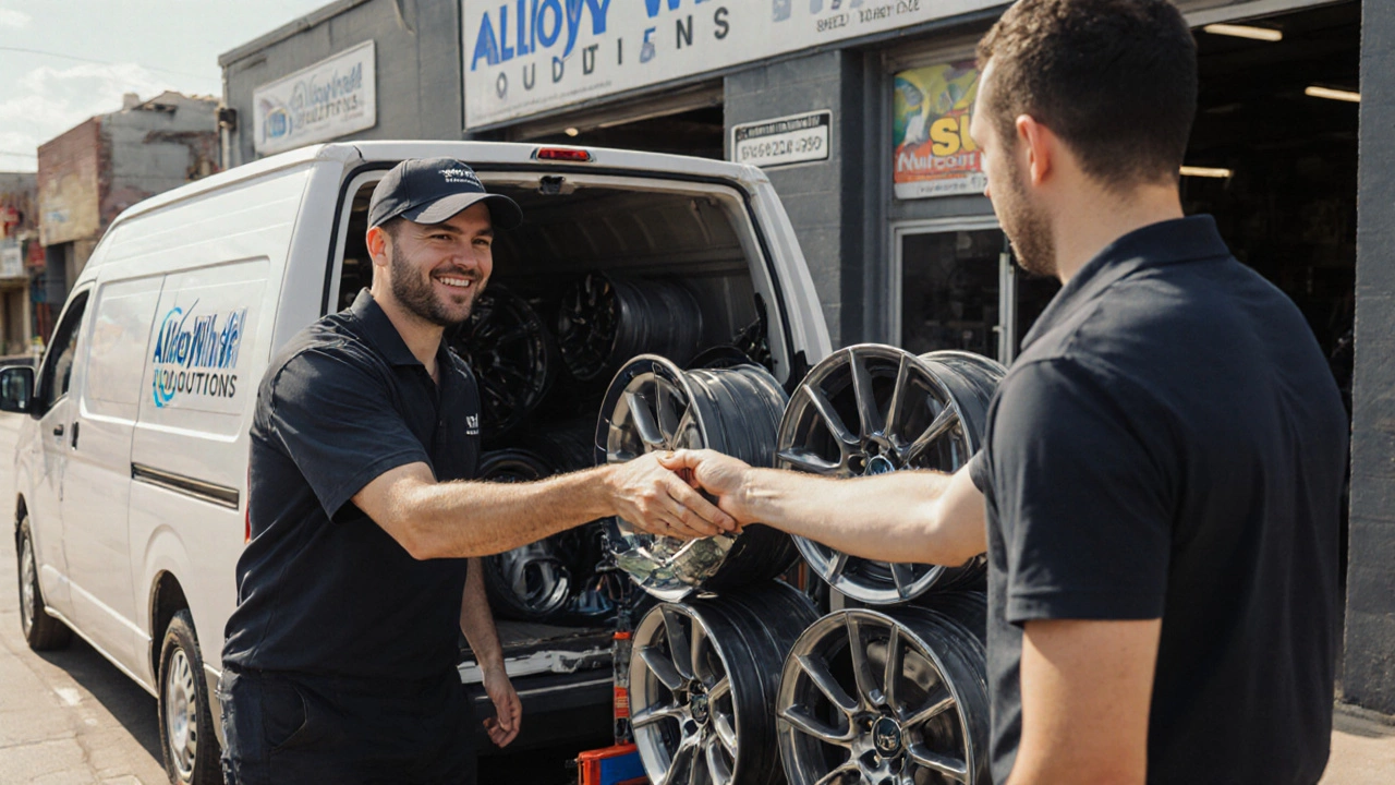 Tire shop worker giving cash to customer for a set of four clean alloy rims in Brisbane.